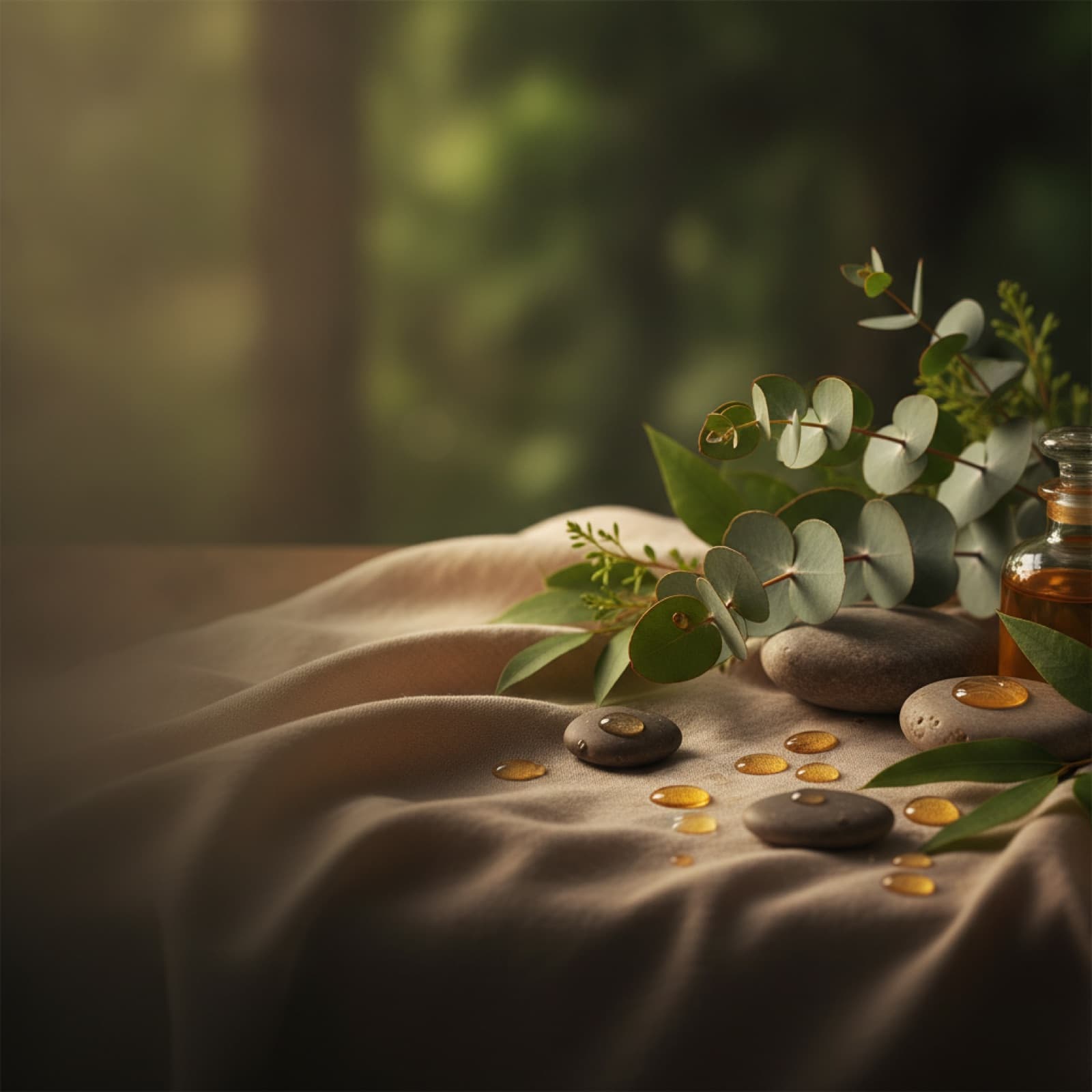Composição botânica de bem-estar com eucalipto, pedras naturais e óleo dourado